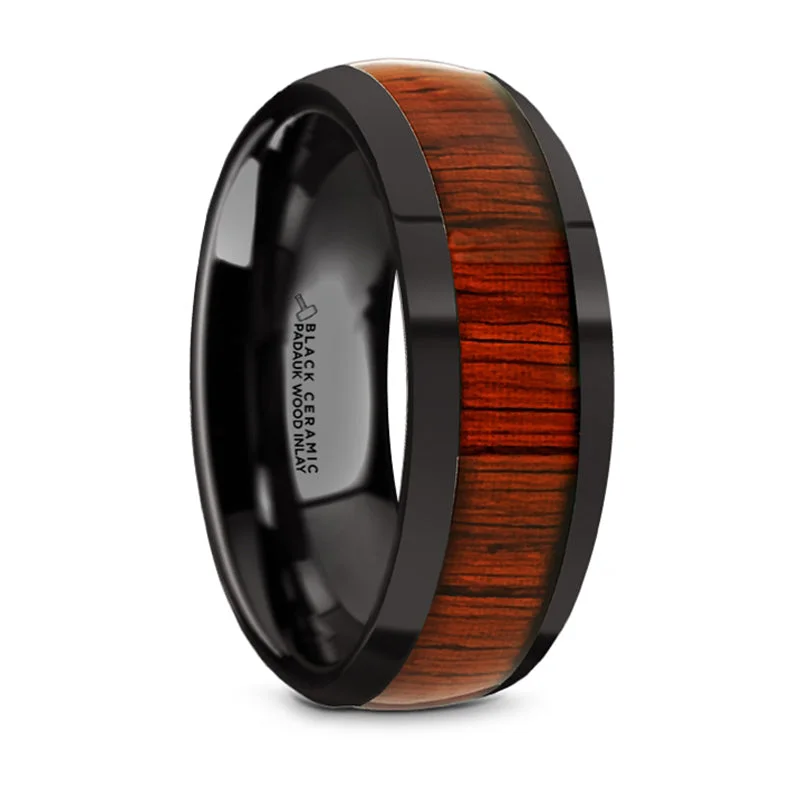 Get Ready To Sparkle – Special Jewelry Discounts Thorsten Mane Black Ceramic Polished Finish Domed Wedding Band w/ Padauk Wood Inlay (8mm) BC5961-DPPW