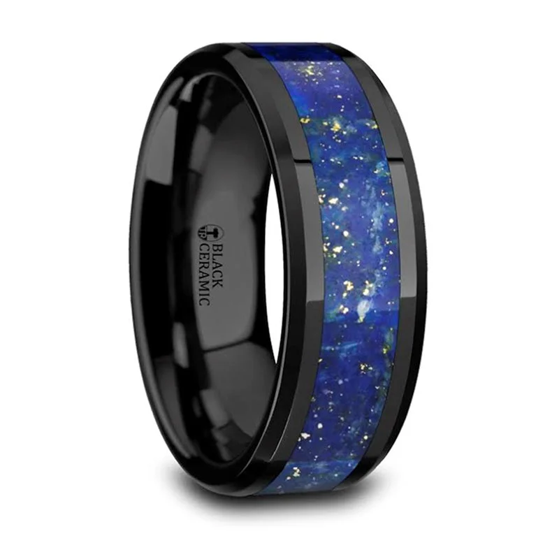 Make Your Outfit Shine With Discounted Jewelry Thorsten Marlow Polished Black Ceramic Wedding Band w/ Blue Lapis Inlay & Beveled Edges (8mm) C5731-PBCL