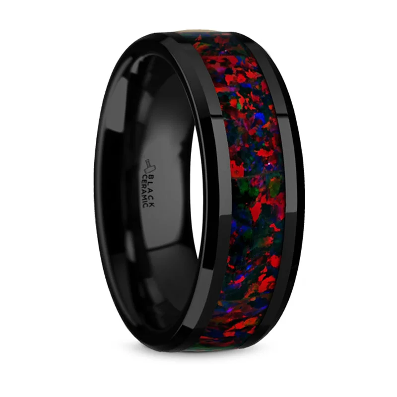 Jewelry Sale – Exclusive Styles At Lower Prices Thorsten Matrix Black Ceramic Polished Beveled Edges Domed Wedding Band w/ Black Opal Inlay (8mm) BC5960-DPBO