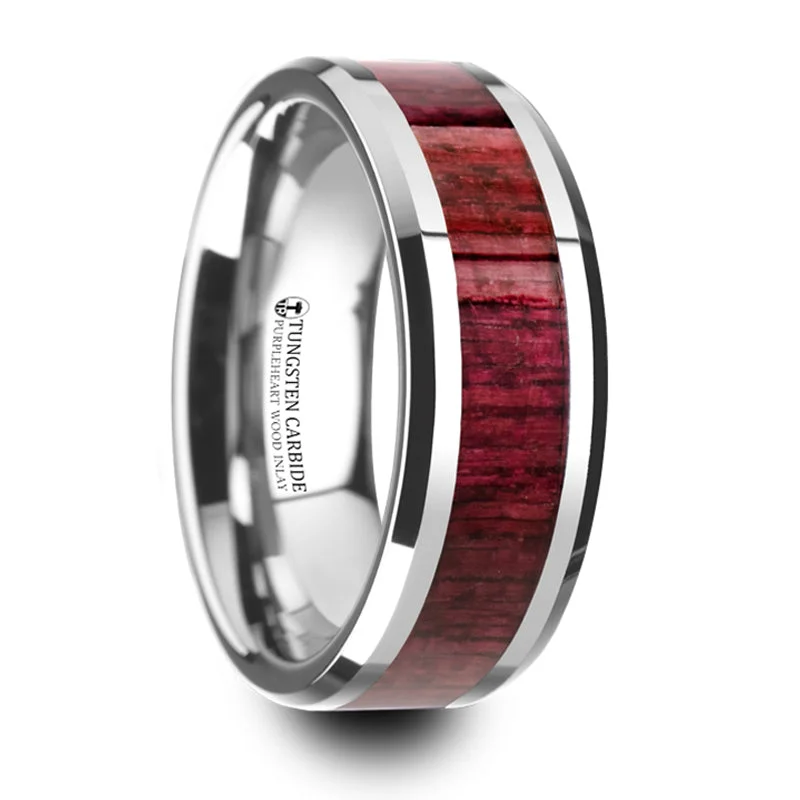 Unique Jewelry For Less – Shop The Sale Now Thorsten Mauve Purpleheart Wood Inlaid Tungsten Carbide Ring w/ Bevels (8mm) W4270-PHWI