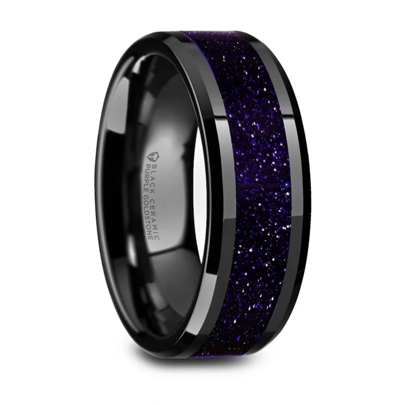 Timeless Elegance At Unbelievable Discounts Thorsten Melo Black Ceramic Beveled Polished Wedding Band w/ Purple Goldstone Inlay (8mm) W5985-BCPGS