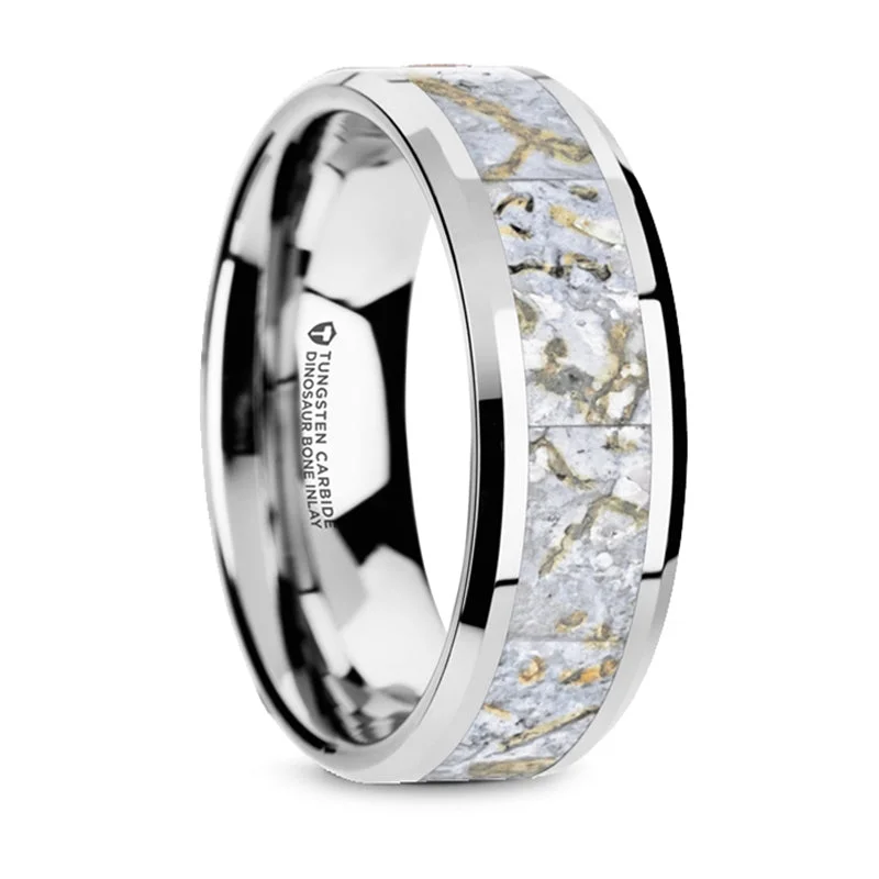 Sparkle On A Budget – Fine Jewelry For Less Thorsten Mesozoic White Dinosaur Bone Inlaid Tungsten Carbide Beveled Edged Ring (8mm) C4469-TCDB