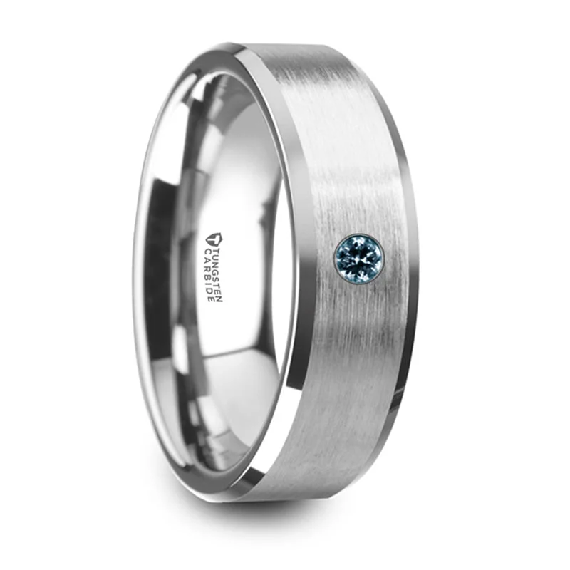 Don't Miss These Dazzling Jewelry Discounts Thorsten Moore Flat Brushed Center Polished Beveled Edges Tungsten Wedding Band w/ Blue Diamond Setting (8mm) W5979-TCBS