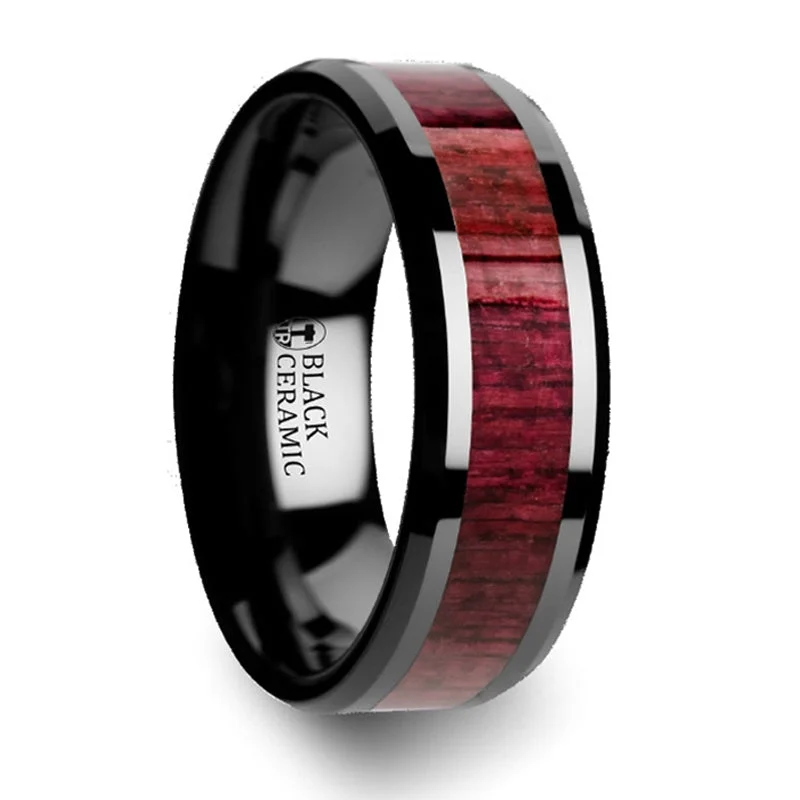 Luxury Jewelry Without The Luxury Price Tag Thorsten Morabo Purple Heart Wood Inlaid Black Ceramic Ring w/ Beveled Edge (8mm) C4434-PHWI