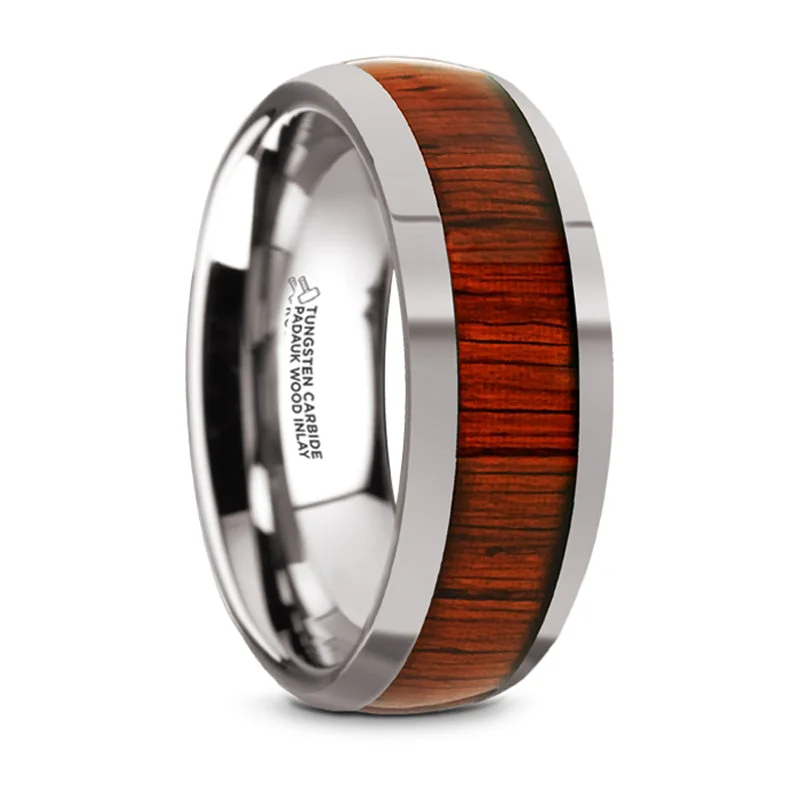 Affordable Elegance – Special Jewelry Sale Now Live Thorsten Mukwa Tungsten Carbide Polished Finish Domed Wedding Band w/ Padauk Wood Inlay (8mm) TC5955-DPW