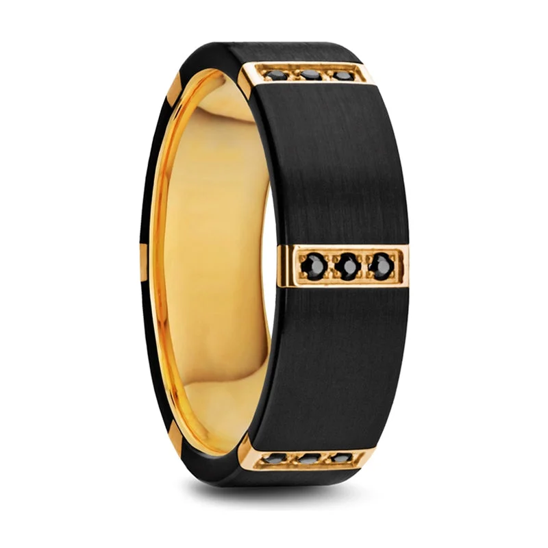 Once-A-Year Jewelry Deals – Shop Before They’Re Gone Thorsten Muramasa Flat Brushed Black Titanium Ring w/ Gold Plated Inside & 6 Gold Plated Stainless Steel Bezels w/ Triple Black Diamond Setting (8mm) W1281-BTGI