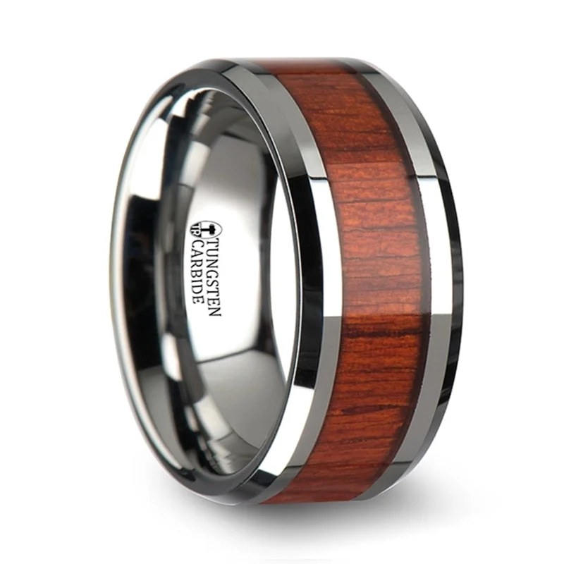 Jewelry Clearance – Final Chance To Save Big Thorsten Narra Tungsten Wood Ring with Polished Bevels and Padauk Real Wood Inlay (6-10mm) W1897-PDWI