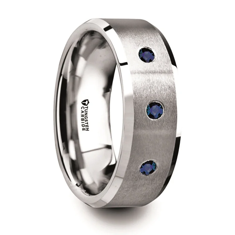 Exclusive Online Jewelry Sale – Don't Wait Thorsten Nautilus Tungsten Satin Finished Center Polished Beveled Edges Wedding Band w/ 3 Blue Sapphires (8mm) T5980-BPBS