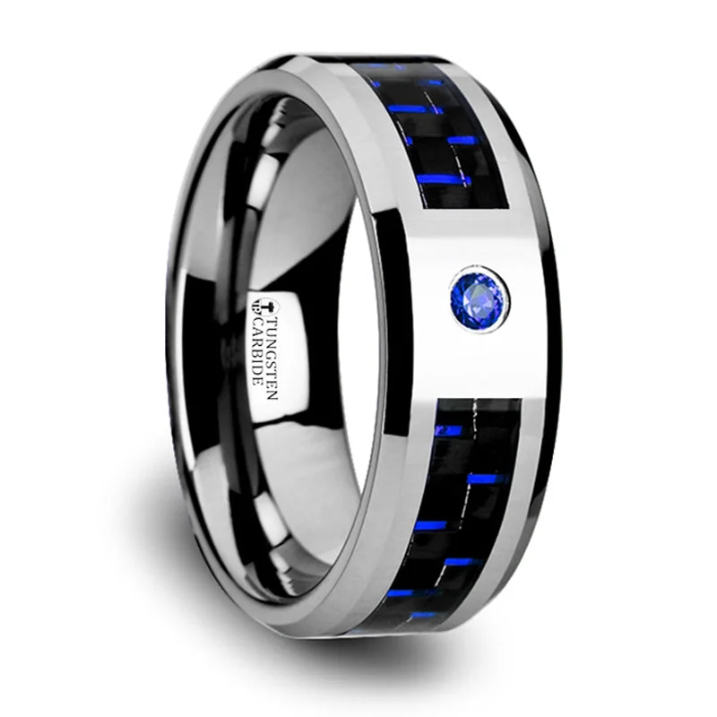 Best Jewelry Sale Prices – Limited-Time Offer Thorsten Neptune Tungsten Carbide Ring w/ Black & Blue Carbon Fiber & Blue Diamond Setting w/ Bevels (8mm) W2960-TCBD