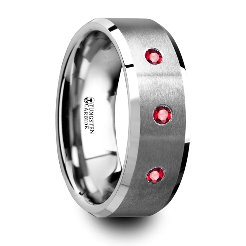 Get The Jewelry You Love At A Price You Love Thorsten Nereus Brushed Tungsten Flat Wedding Band w/ Polished Beveled Edges & Rubies (8mm) T5415-BPTR