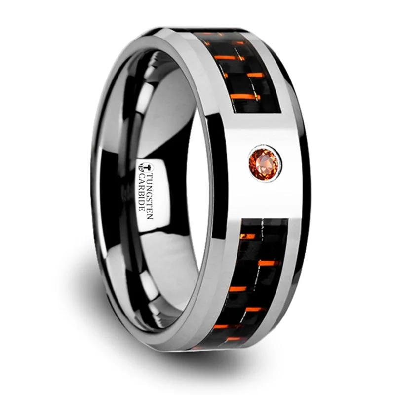 Jewelry Sale Bonanza – Grab Your Sparkle Now Thorsten Noah Tungsten Ring w/ Black & Orange Carbon Fiber & Orange Padparadscha Setting (8mm) W905-TCOC