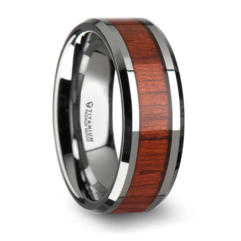 Sparkle For Less – Shop Our Limited-Time Jewelry Deals Thorsten Norro Titanium Polished Beveled Edges Padauk Wood Inlaid Wedding Band (8mm) T6001-TBPW