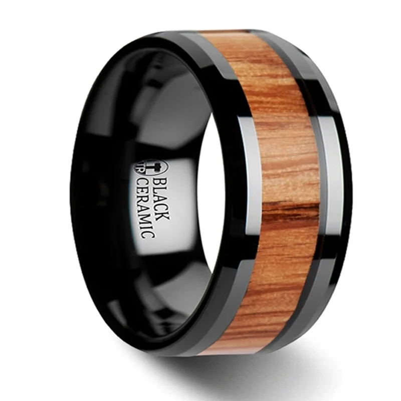 Flash Sale On Elegant Jewelry – Don't Miss Out Thorsten Oblivion Red Oak Wood Inlaid Black Ceramic Ring w/ Bevels (6-10mm) W3780-BCRW