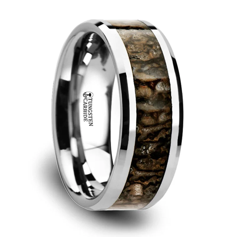 Huge Savings On Premium Jewelry Styles Thorsten Ordovician Dinosaur Bone Inlaid Tungsten Carbide Beveled Edged Ring (8mm) C3812-TCDB