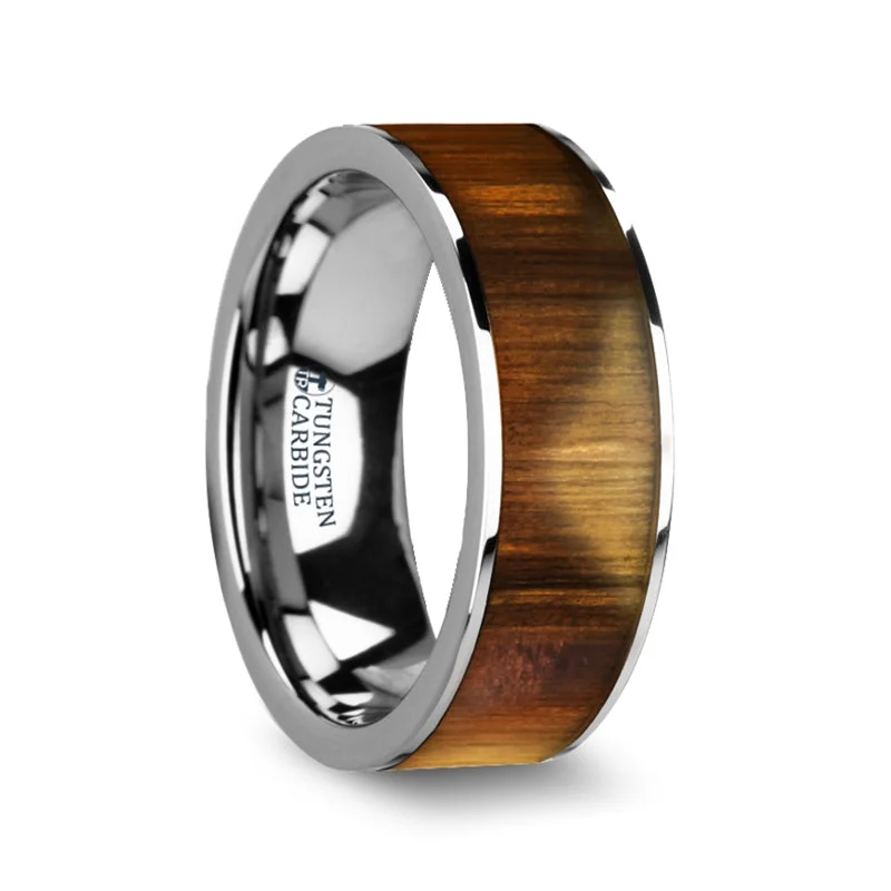 Timeless Elegance Now At Special Discounts Thorsten Olivaster Olive Wood Inlaid Flat Tungsten Carbide Ring w/ Polished Edges (8mm) W4474-OWWI