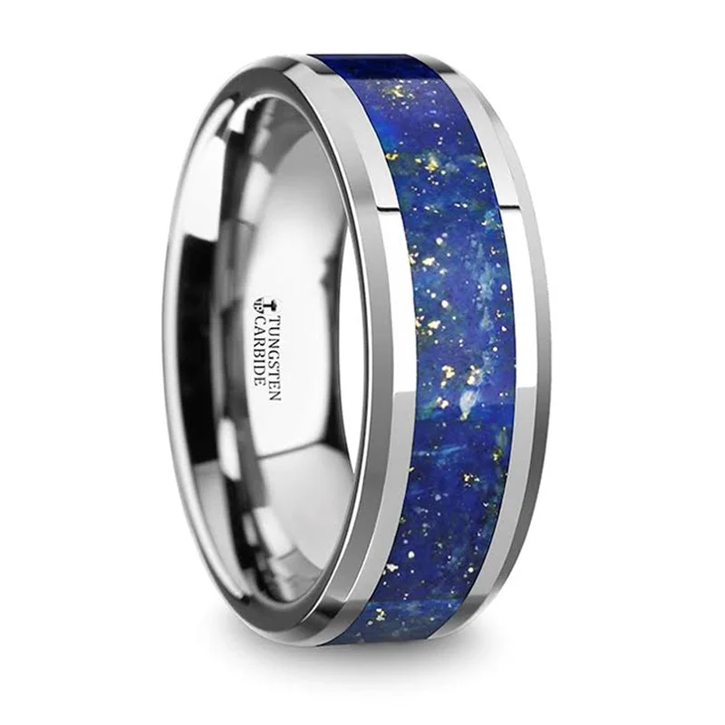 Dainty And Elegant Jewelry Now At Reduced Prices Thorsten Osias Polished Tungsten Wedding Band w/ Blue Lapis Inlay & Beveled Edges (8mm) W5723-TCGO