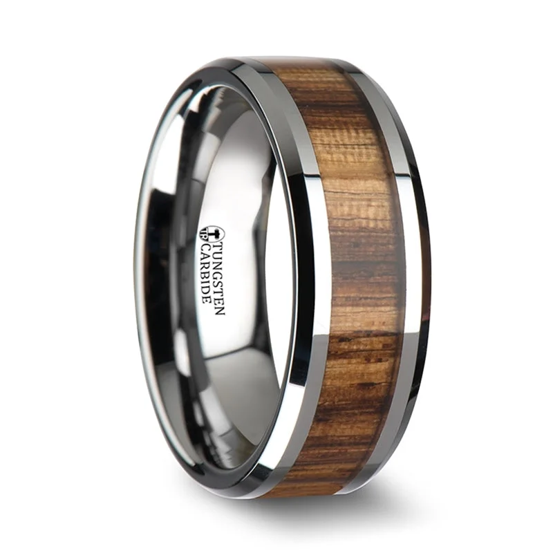 Shop High-Quality Jewelry At Jaw-Dropping Discounts Thorsten Palmaletto Tungsten Carbide Ring w/ Beveled Edges & Real Zebra Wood Inlay (6-10mm) W1896-ZBWI