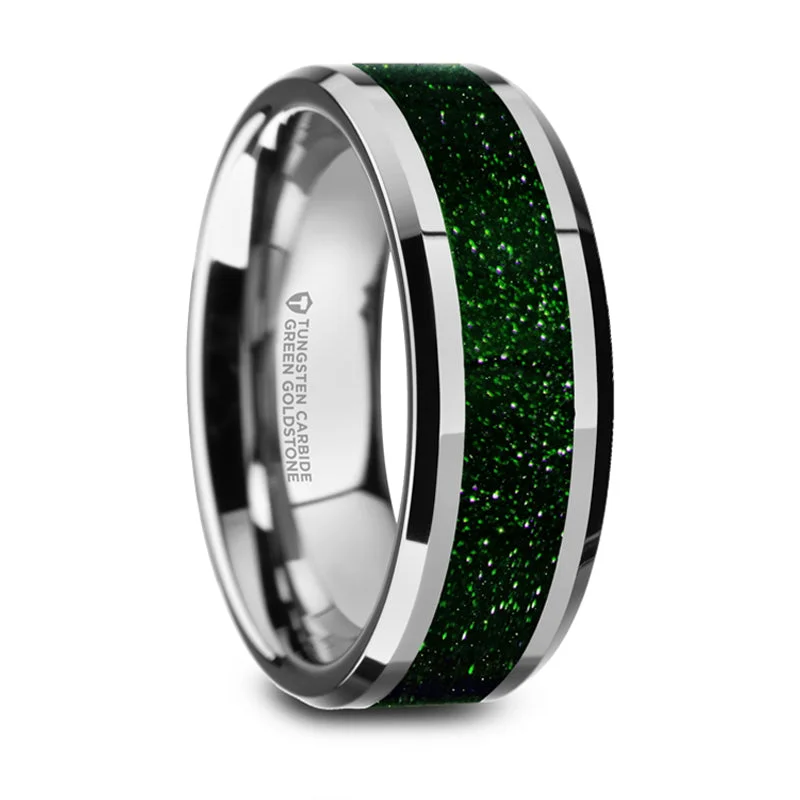 Final Call For Exquisite Jewelry At Reduced Rates Thorsten Patrick Polished Finish Beveled Edges Tungsten Wedding Band w/ Green Goldstone Inlay (8mm) W5990-WTGGS