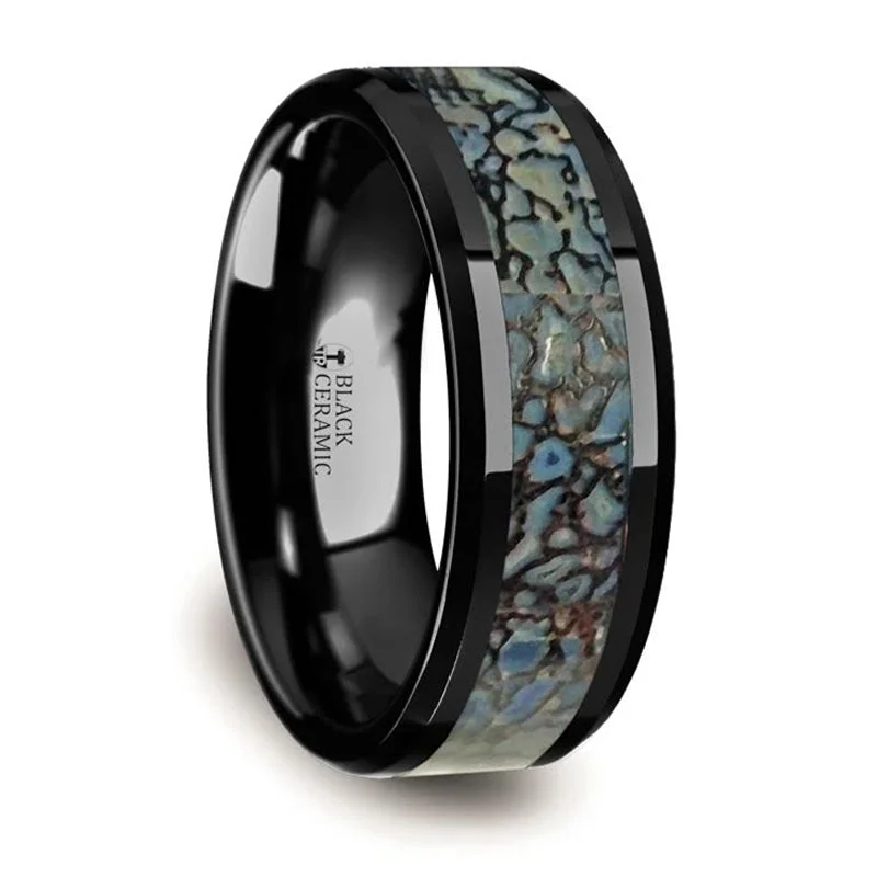 Timeless Jewelry Styles At Wallet-Friendly Prices Thorsten Permian Blue Dinosaur Bone Inlaid Black Ceramic Beveled Edged Ring (8mm) C314-TCDB