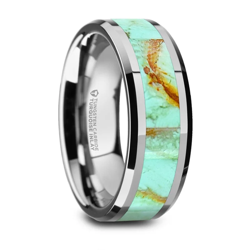 Unlock Unbeatable Jewelry Deals Before They’Re Gone Thorsten Pierre Polished Tungsten Wedding Band w/ Light Blue Turquoise Stone Inlay & Polished Beveled Edges (8mm) W1493-TCTI