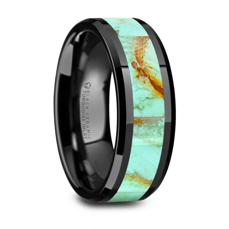 Once-A-Year Jewelry Sale – Grab Your Favorites Now Thorsten Pietro Polished Black Ceramic Wedding Band w/ Light Blue Turquoise Stone Inlay & Polished Beveled Edges (8mm) W1495-BCTI