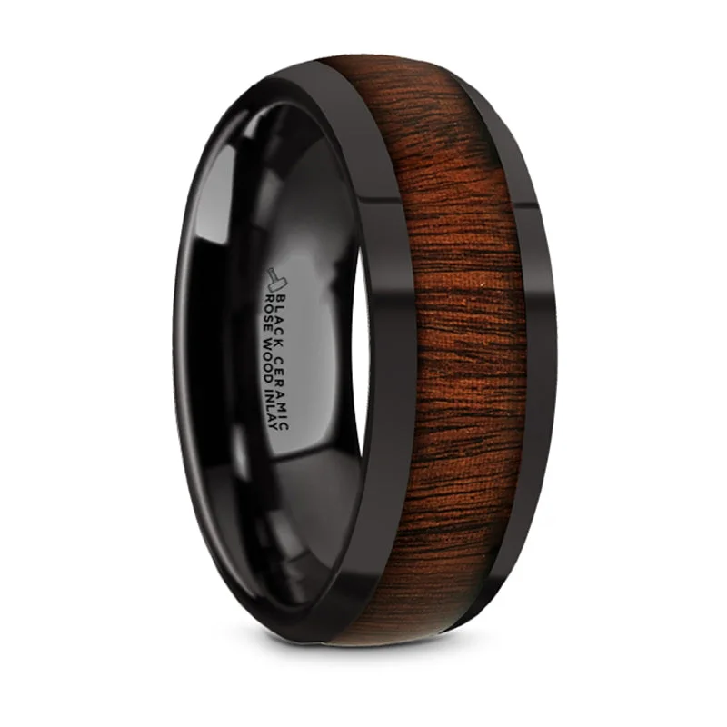 Affordable Gold-Plated Jewelry For Modern Fashion Thorsten Rosae Black Ceramic Domed Profile Polished Finish Wedding Band w/ Rose Wood Inlay (8mm) BC5962-DPRW