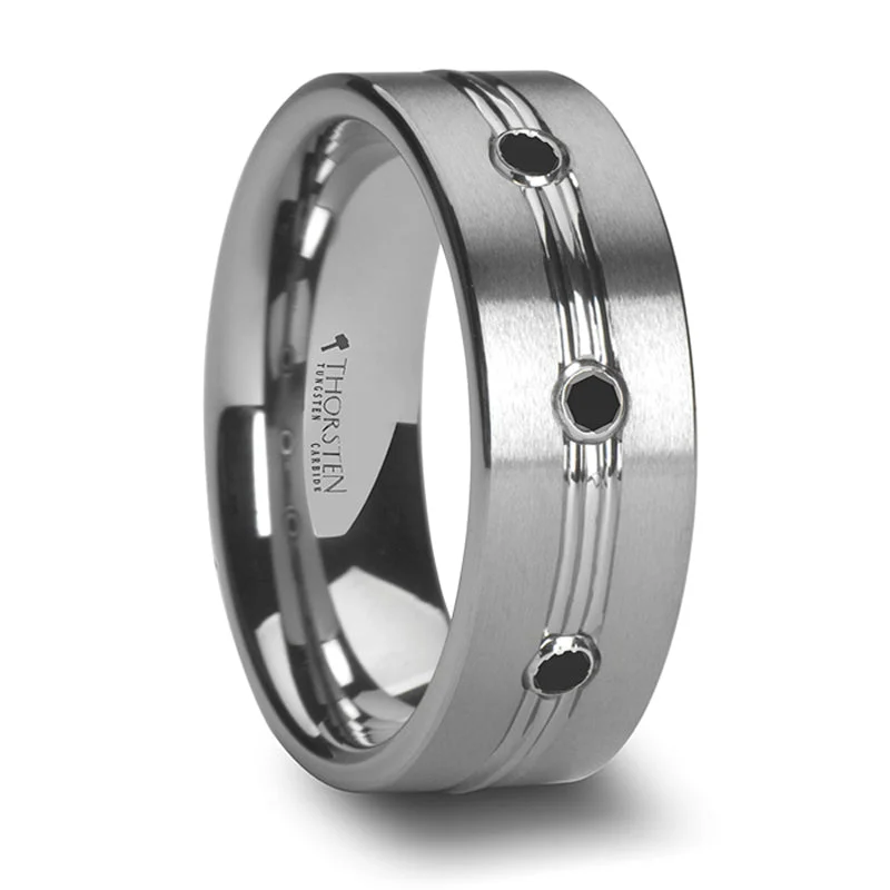 Customized Silver Jewelry For Unique Style Thorsten Royale Tungsten Carbide Ring w/ Polished Grooved Center & Triple Black Diamonds (8mm) W762-TBDT