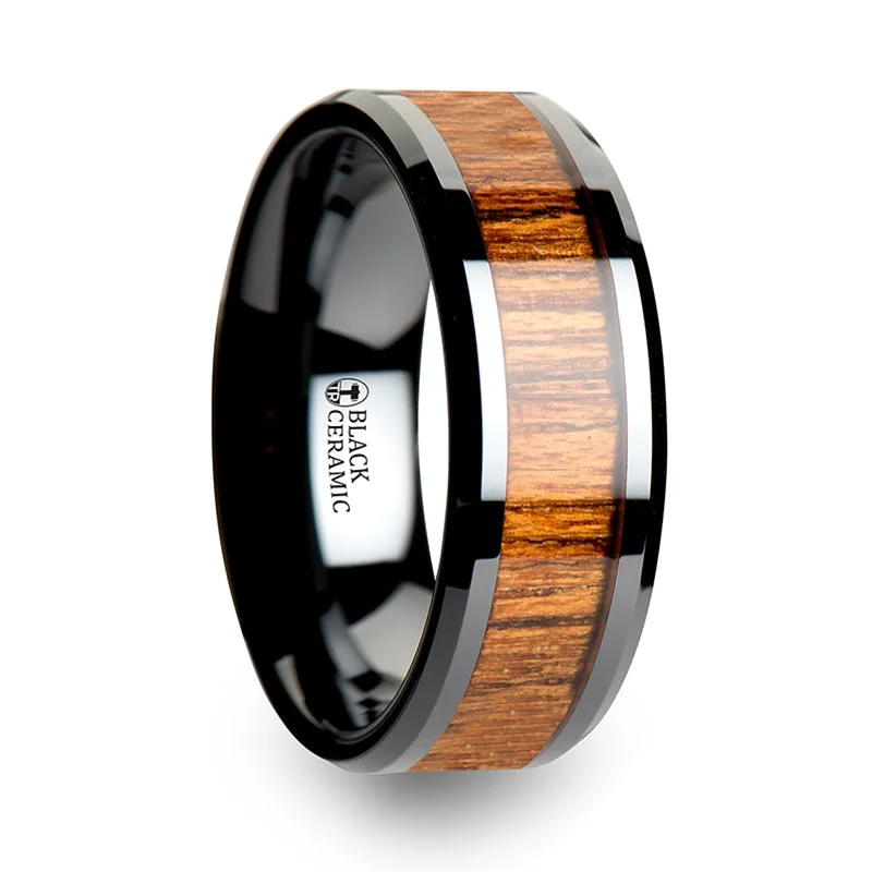 Bohemian-Inspired Jewelry For Free-Spirited Fashion Thorsten Sagon Wood Black Ceramic Ring w/ Polished Bevels & Teak Wood Inlay (6-10mm) C1960-TKWI