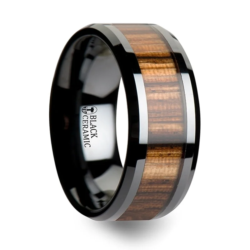 Flash Sale On Stunning Jewelry – Don't Miss Out Thorsten Zebrano Black Ceramic Ring w/ Beveled Edges & Real Zebra Wood Inlay (6-10mm) C1961-ZBWI