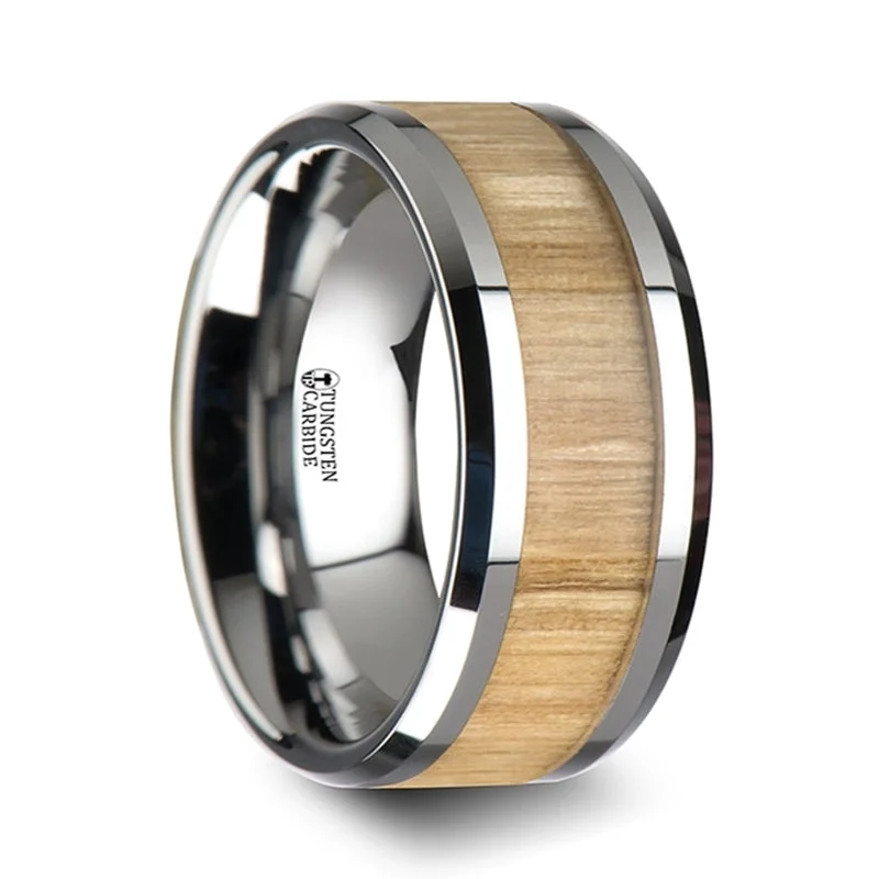 Eco-Friendly Sustainable Jewelry For Conscious Buyers Thorsten Samara Tungsten Ring w/ Polished Bevels & Ash Wood Inlay (6-10mm) W1894-AWI