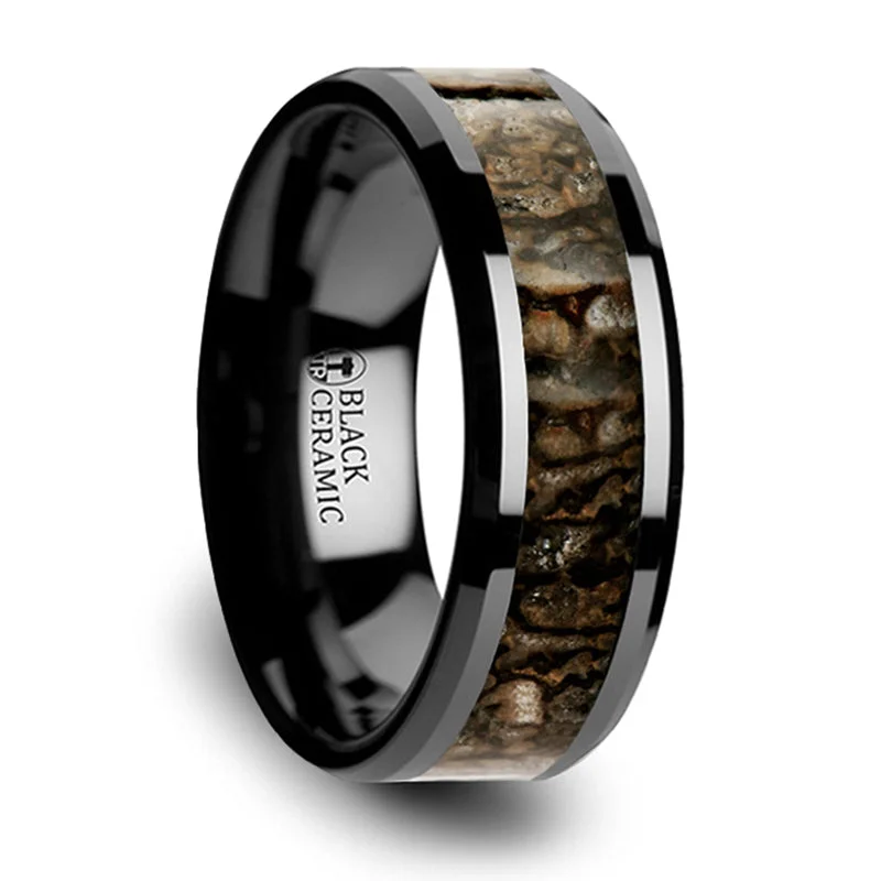 Fashion-Forward Geometric Jewelry For Contemporary Style Thorsten Silurian Dinosaur Bone Inlaid Black Ceramic Beveled Edged Ring (8mm) C3813-TCDB