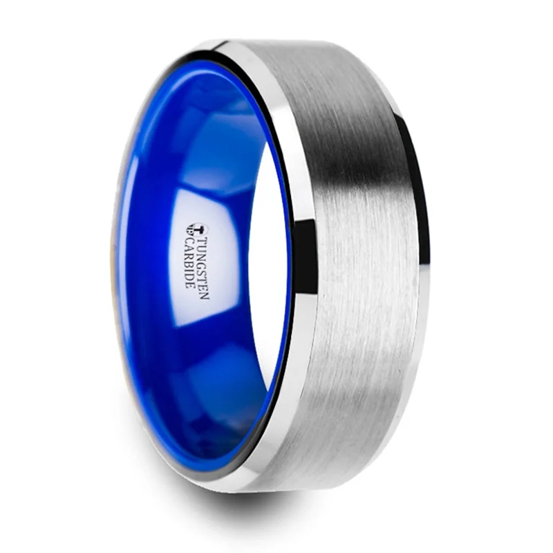 Exclusive Jewelry Sale – Limited-Time Discounts Thorsten Sirius Tungsten Wedding Band w/ Brush Center Bevel Edges & Vibrant Blue Ceramic Inlay (8mm) W3926-TCBI