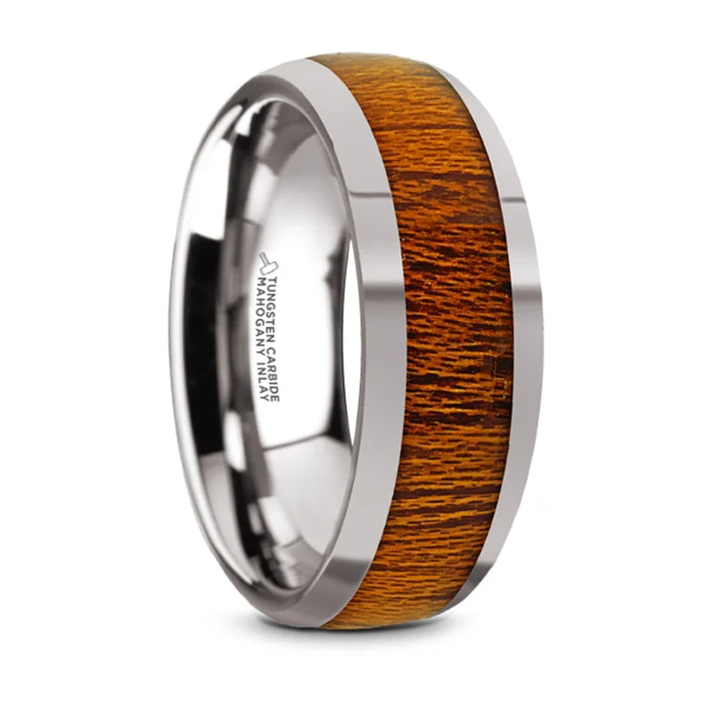 Personalized Jewelry At Special Discount Rates Thorsten Swietenia Tungsten Carbide Mahogany Wood Inlay Domed Wedding Ring w/ Polished Finish (8mm) TC5954-DMW