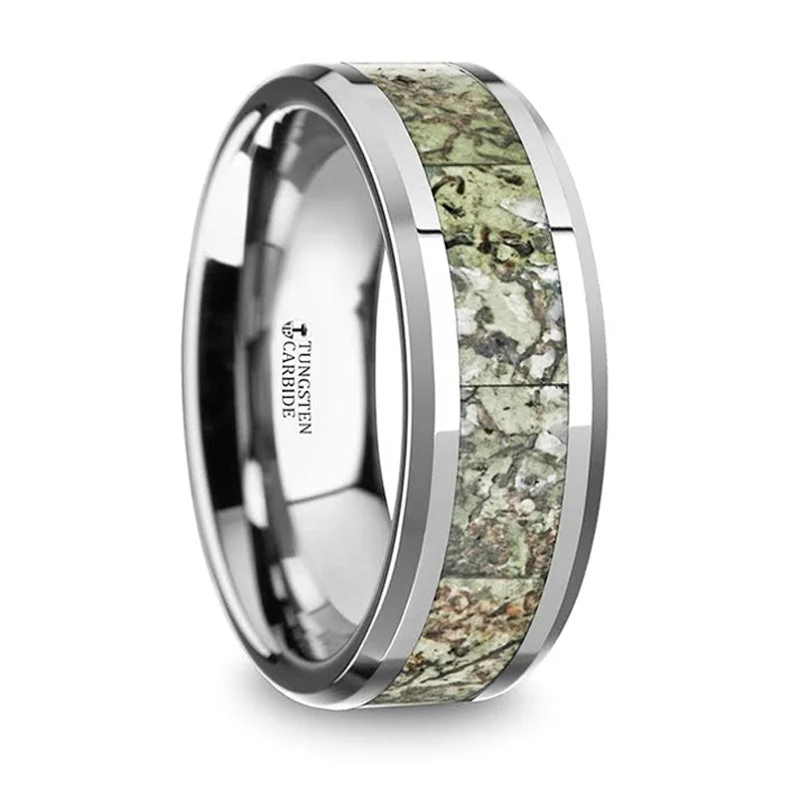 Best-Selling Jewelry Now Available At Special Deals Thorsten Targaryen Men’s Tungsten Wedding Band w/ Light Green Dinosaur Bone Inlay & Beveled Edges (8mm) C5725-TLGDB