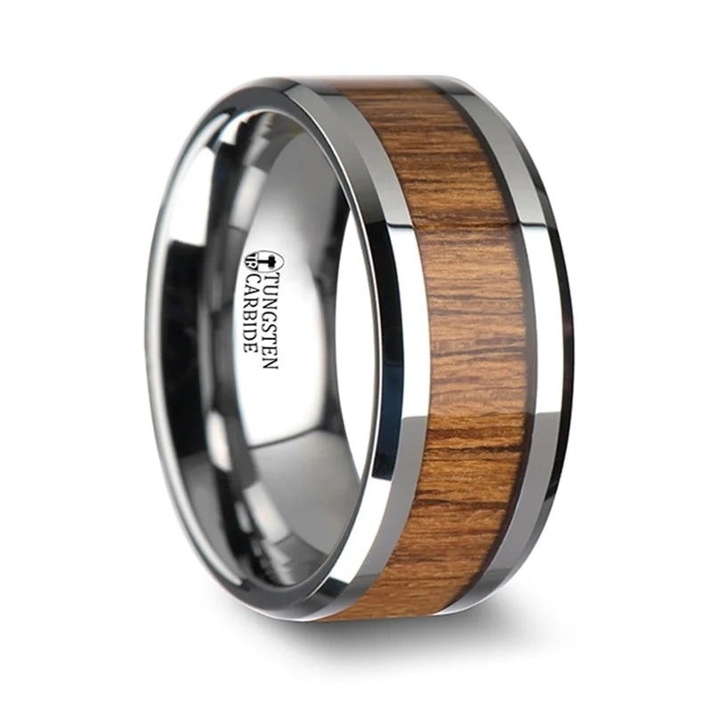 Limited-Time Offer On Premium Jewelry Collections Thorsten Tekku Wood Tungsten Ring w/ Polished Bevels & Teak Wood Inlay (6-10mm) W1892-TKWI