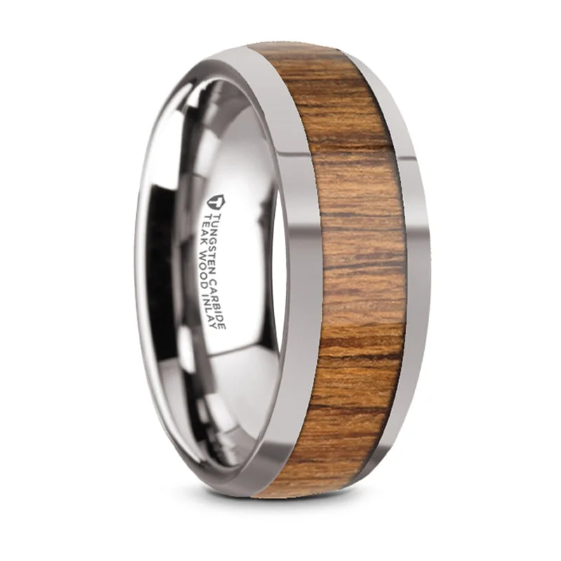 Luxury Jewelry Sale – Elegant Styles At Unbeatable Prices Thorsten Thekka Domed Tungsten Carbide Polished Edges Teak Wood Inlaid Wedding Ring (8mm) W5974-TCTW