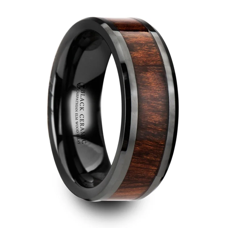 Shop Dazzling Jewelry With Special Promotional Discounts Thorsten Thracian Carpathian Wood Inlaid Black Ceramic Ring w/ Bevels (8mm) W4275-CWWI