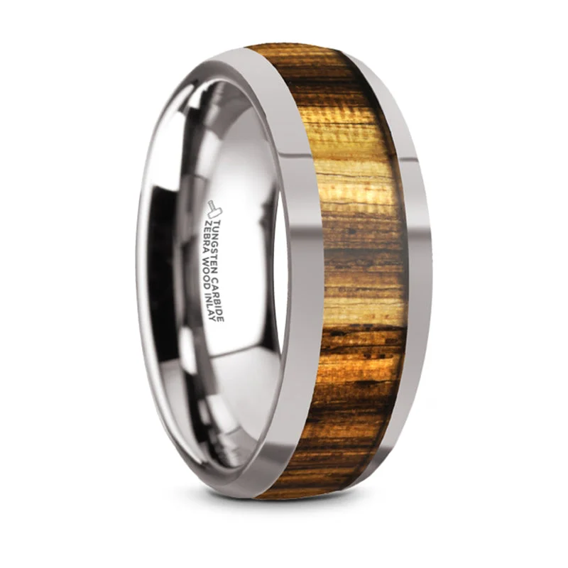 Seasonal Jewelry Sale – Upgrade Your Style Today Thorsten Tigre Tungsten Carbide Polished Finish Domed Wedding Band w/ Zebra Wood Inlay (8mm) TC5957-DZW