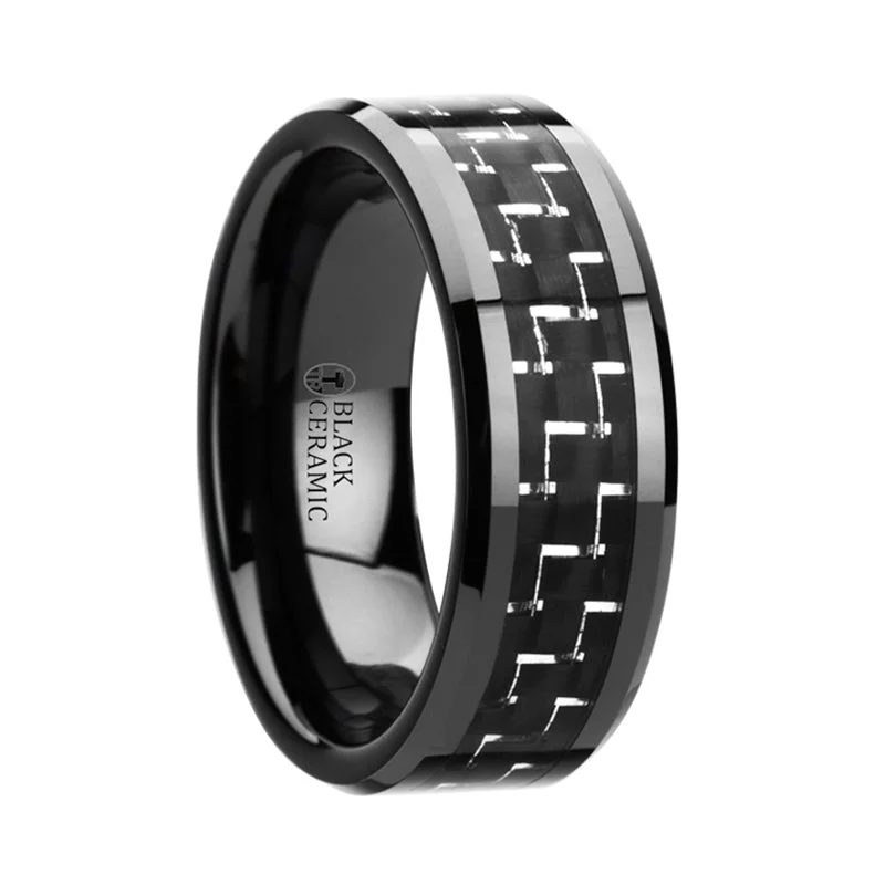 Special Deals On Handcrafted And Designer Jewelry Thorsten Titan Black Beveled Ceramic Ring w/ Silver & Black Carbon Fiber Inlay (8mm) W2946-BBCF