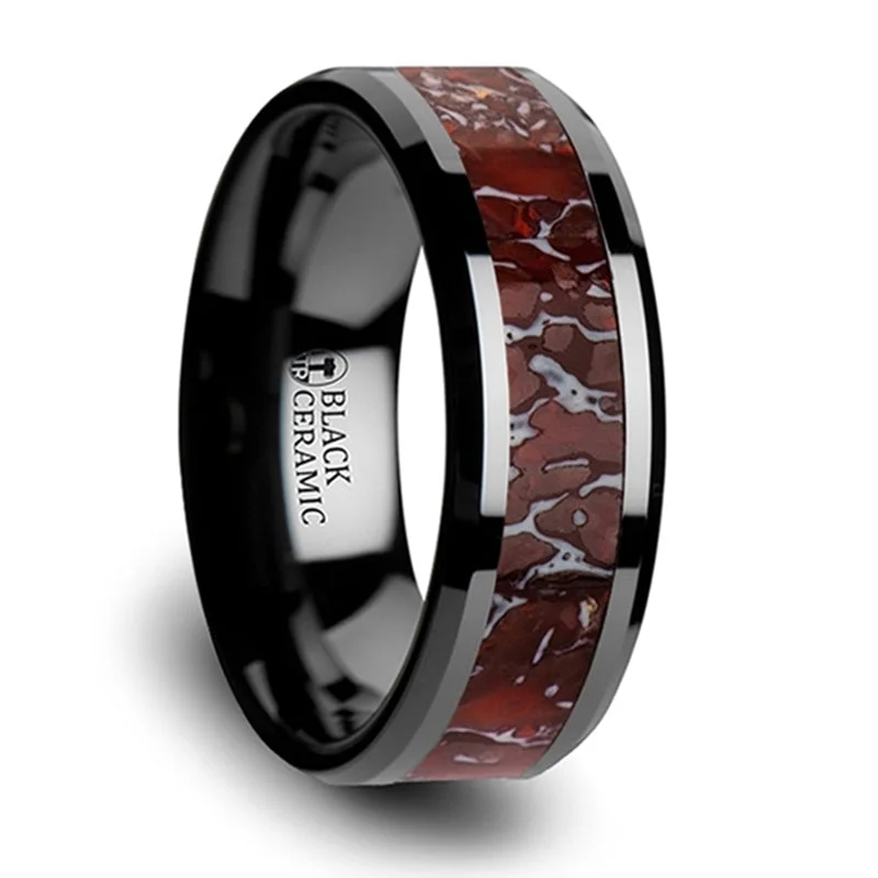 Unmissable Discounts On Timeless Jewelry Pieces Thorsten Triassic Red Dinosaur Bone Inlaid Black Ceramic Beveled Edged Ring (8mm) C3816-TCDB