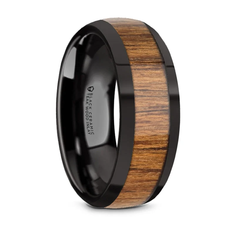 Trending Jewelry Now Available At Exclusive Prices Thorsten Tulian Black Ceramic Polished Edges Domed Wedding Band w/ Teak Wood Inlay (8mm) W5973-BCTW