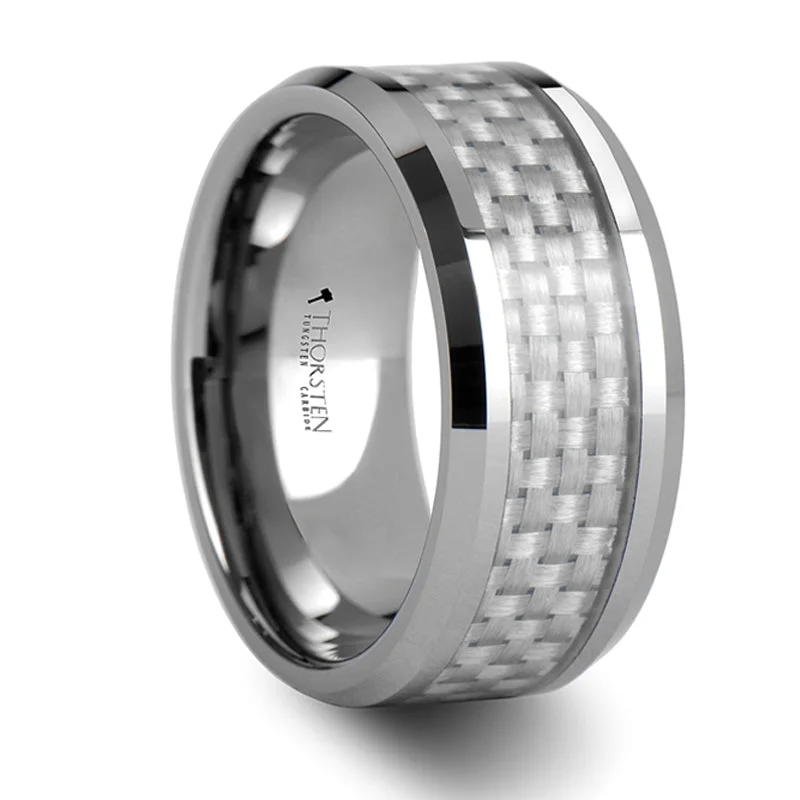 Limited-Stock Jewelry Clearance – Grab Your Favorites Now Thorsten Ultimus Beveled Tungsten Cardibe Ring with White Carbon Fiber Inlay (4-10mm) W335-WCFT