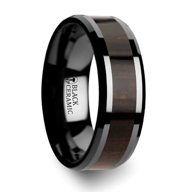 Premium Jewelry At Special Low Prices For A Limited Time Thorsten Umbra Black Ebony Wood Inlaid Black Ceramic Ring w/ Beveled Edges (8mm) C4435-EWBC