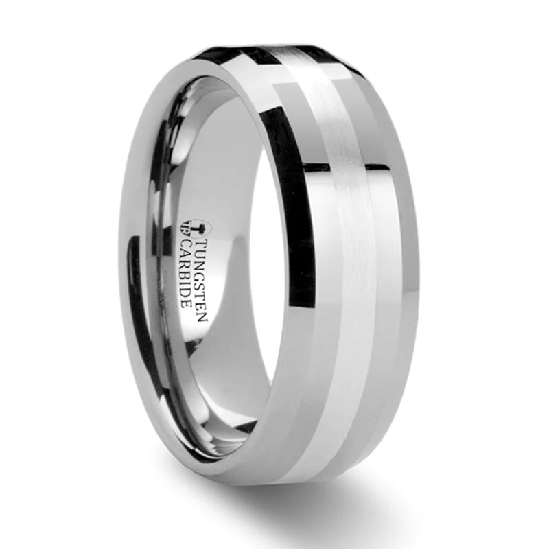 Exclusive Jewelry Sale – Sparkle For Less Thorsten Vector Beveled Tungsten Carbide Ring w/ Silver Inlay (8mm) W880-BSSB