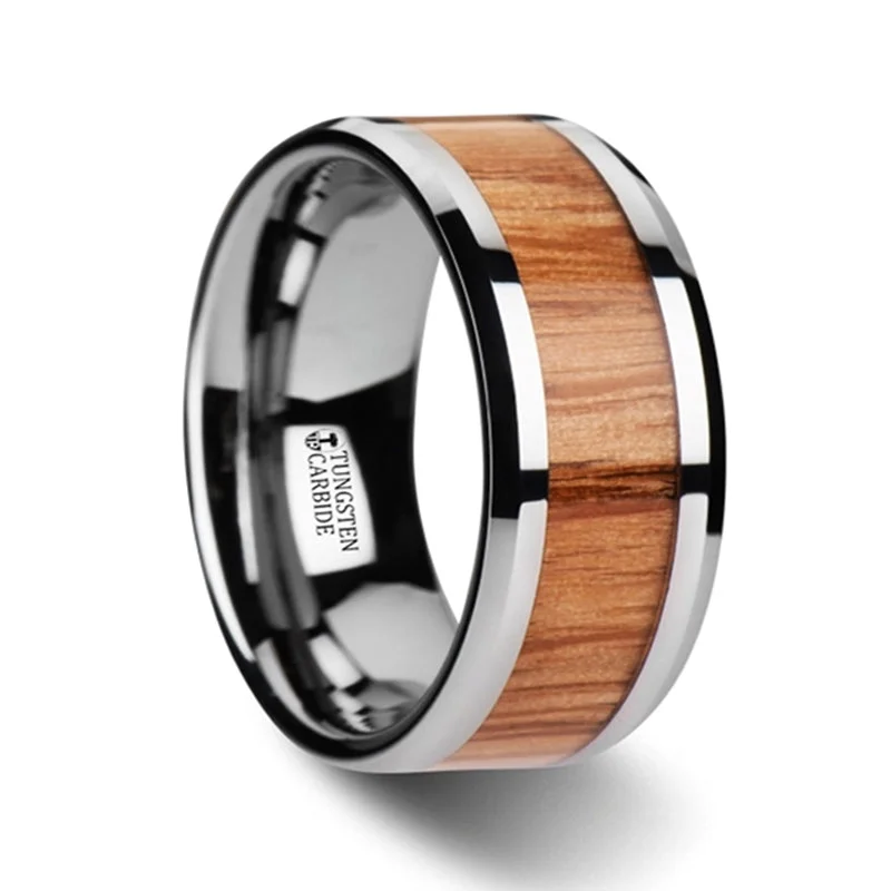 Flash Sale On Stunning Jewelry – Don't Miss Out Thorsten Vermillion Red Oak Wood Inlaid Tungsten Carbide Ring w/ Bevels (6-10mm) W3068-RWWI