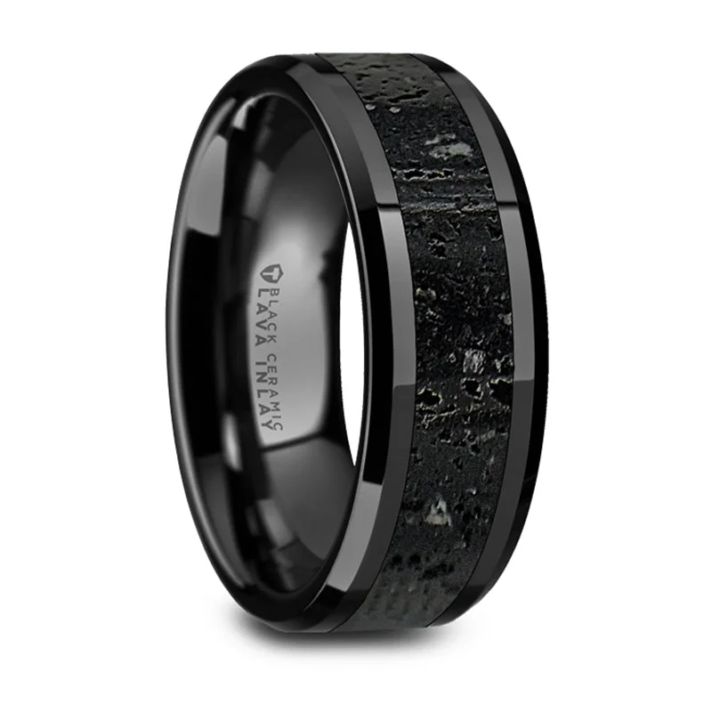 Premium Jewelry Now Available At Special Discounts Thorsten Vesuvius Polished Black Ceramic Wedding Band w/ Black & Gray Lava Rock Stone Inlay & Polished Beveled Edges (6-8mm) W1491-BCLI