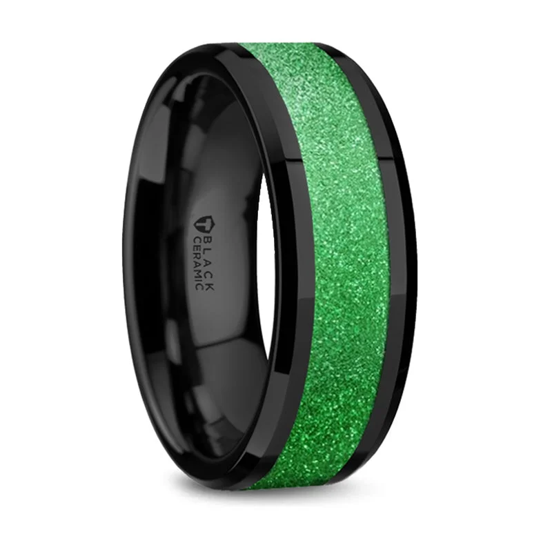 Grab Your Favorite Jewelry At The Lowest Prices Thorsten Waikiki Black Ceramic Polished Beveled Edges Sparkling Green Inlay Men’s Wedding Band (8mm) W5978-TCSG