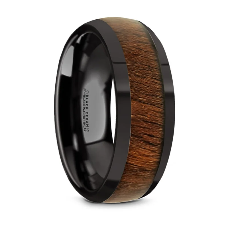 Elegant Jewelry, Exclusive Prices – Shop Now Thorsten Wallace Black Ceramic Polished Finish Domed Wedding Band w/ Black Walnut Inlay (8mm) BC5963-DPBW