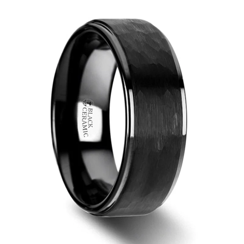 Affordable Luxury Jewelry For Every Occasion Thorsten Warrior Raised Hammer Finish Step Edge Black Ceramic Carbide Wedding Band w/ Brushed Finish (6-8mm) W4438-RHBC