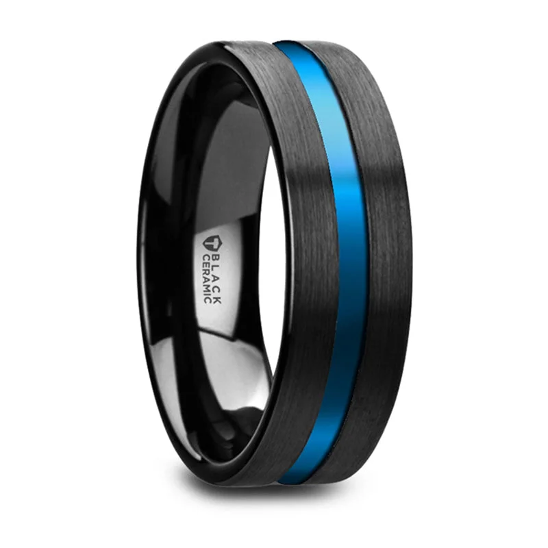 Shop Stylish Jewelry Now And Save Big Thorsten Westley Flat Brushed Finish Black Ceramic Wedding Ring w/ Blue Grooved Center (8mm) W5991-BCBG